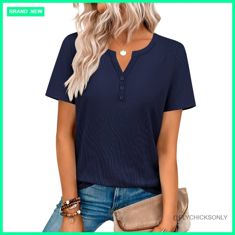 V-Neck Short Sleeve Blouse Loose Fit Polyester Spandex Casual Dressy Top